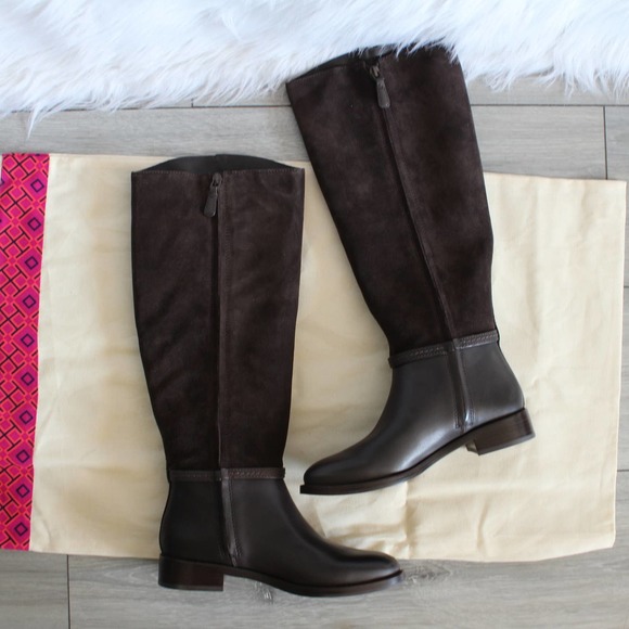 Tory Burch Miller Brown Leather Logo Knee High Tall Riding Boots - Picture 3 of 12